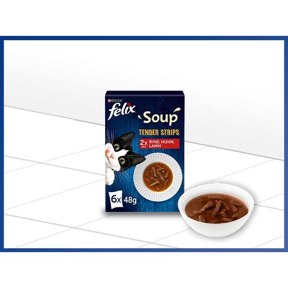 Felix Soup Tender Strips, Suppe für Katzen, Geschmacksvielfalt vom Land, Rindfleisch, Huhn, Lamm, 8er Pack (8 x 6 Beutel à 48g)