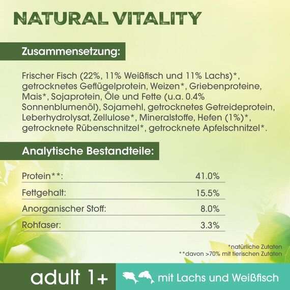 PERFECT FIT Natural Vitality - Katzenfutter Trockenfutter Adult 1+ - Lachs und Weißfisch, 6 x 650g