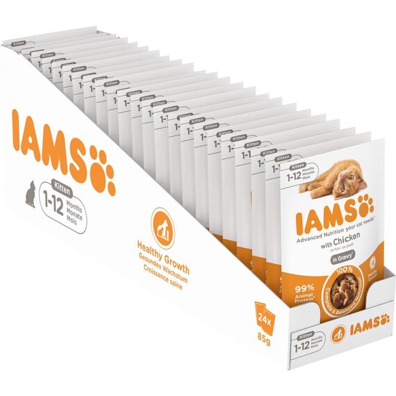 IAMS Delights Kitten Nassfutter - Multipack Katzenfutter mit Huhn in Sauce, hochwertiges Futter für Junior Kätzchen von 1-12 Monate, 24 x 85 g