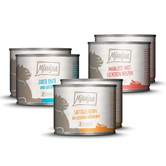 MjAMjAM - Premium Nassfutter für Katzen - Probierpaket, 6er Pack (6 x 200 g), getreidefrei mit extra viel Fleisch