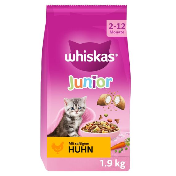 WHISKAS Junior Trockenfutter für Katzen 4 x 1,9kg mit Huhn