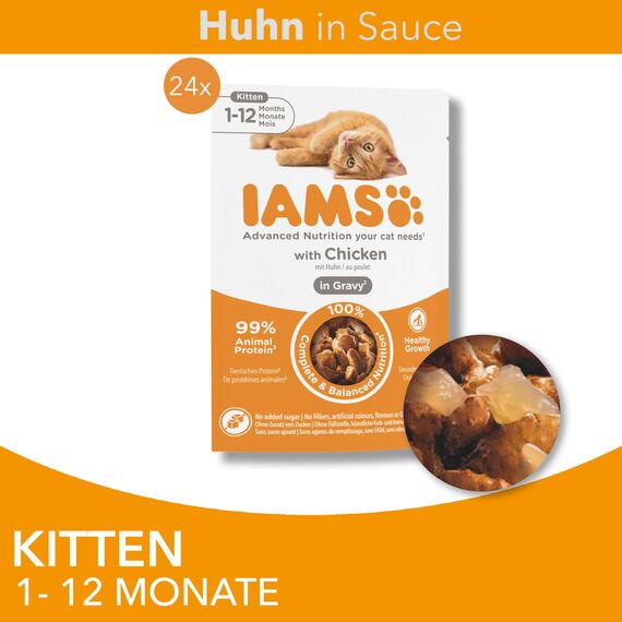 IAMS Delights Kitten Nassfutter - Multipack Katzenfutter mit Huhn in Sauce, hochwertiges Futter für Junior Kätzchen von 1-12 Monate, 24 x 85 g