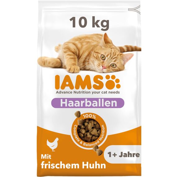 IAMS Anti-Haarballen Katzenfutter trocken mit Huhn - Trockenfutter für Katzen ab 1 Jahr, 10 kg