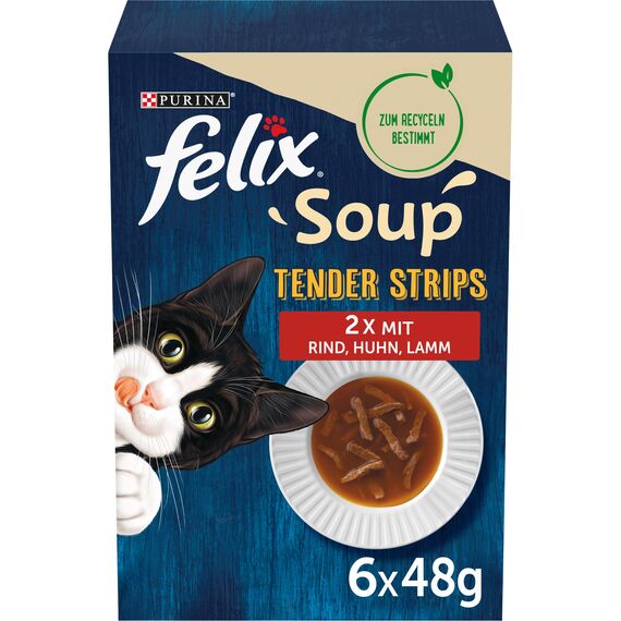 Felix Soup Tender Strips, Suppe für Katzen, Geschmacksvielfalt vom Land, Rindfleisch, Huhn, Lamm, 8er Pack (8 x 6 Beutel à 48g)
