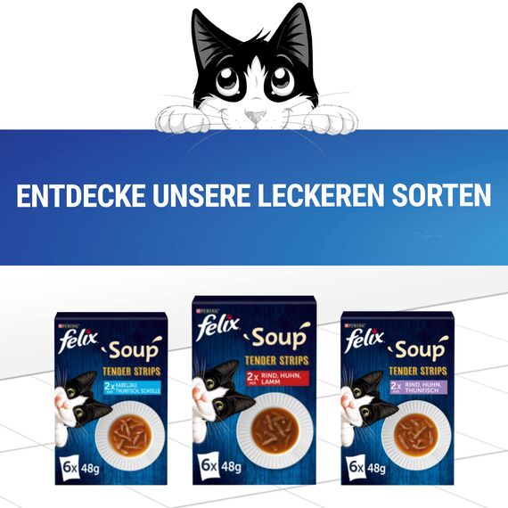 Felix Soup Tender Strips, Suppe für Katzen, Geschmacksvielfalt vom Land, Rindfleisch, Huhn, Lamm, 8er Pack (8 x 6 Beutel à 48g)