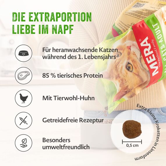 MERA Cats Kitten Huhn (10kg), Trockenfutter für heranwachsende Katzen, getreidefrei & nachhaltig, mit hohem Fleischanteil