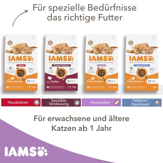 IAMS Anti-Haarballen Katzenfutter trocken mit Huhn - Trockenfutter für Katzen ab 1 Jahr, 10 kg