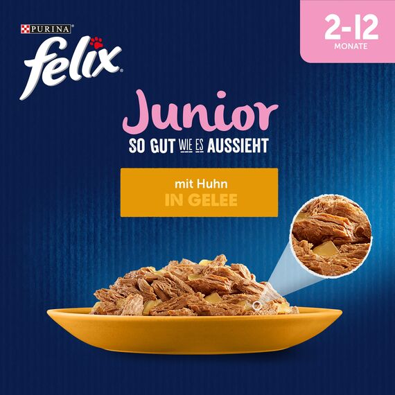 Felix So gut wie es aussieht Junior Kittenfutter nass in Gelee, mit Huhn, 26er Pack (26 x 85g)