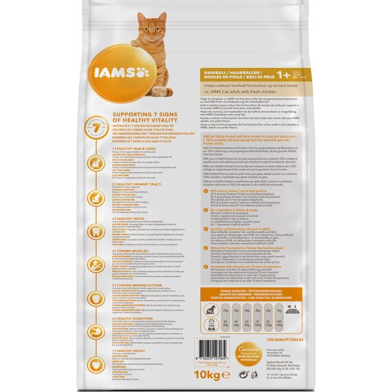 IAMS Anti-Haarballen Katzenfutter trocken mit Huhn - Trockenfutter für Katzen ab 1 Jahr, 10 kg