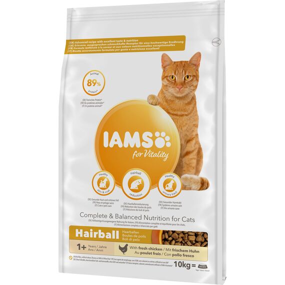 IAMS Anti-Haarballen Katzenfutter trocken mit Huhn - Trockenfutter für Katzen ab 1 Jahr, 10 kg