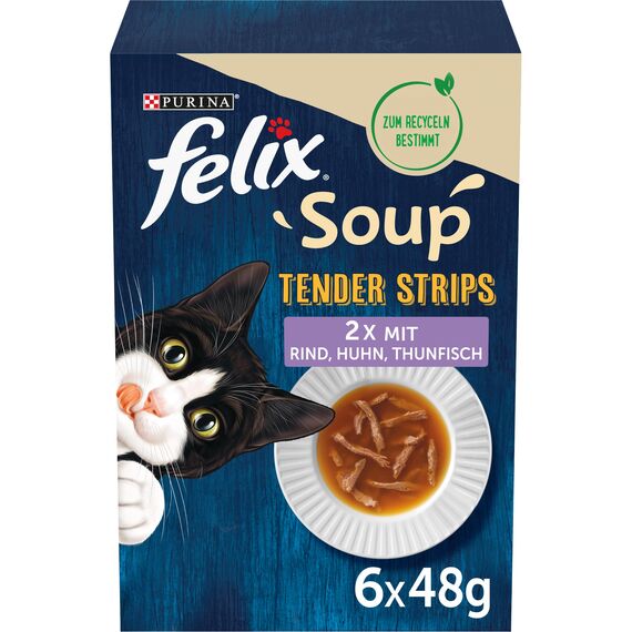 Felix Soup Tender Strips, Suppe für Katzen, Gemischte Vielfalt, 8er Pack (8 x 6 Beutel à 48g)