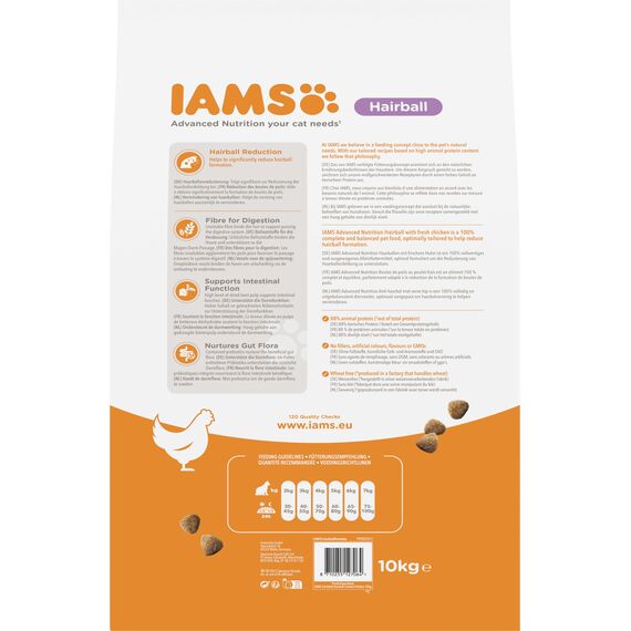 IAMS Anti-Haarballen Katzenfutter trocken mit Huhn - Trockenfutter für Katzen ab 1 Jahr, 10 kg