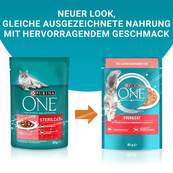 PURINA ONE STERILCAT Katzenfutter nass, zarte Stückchen in Sauce für sterilisierte Katzen, mit Lachs, 26er Pack (26 x 85g)