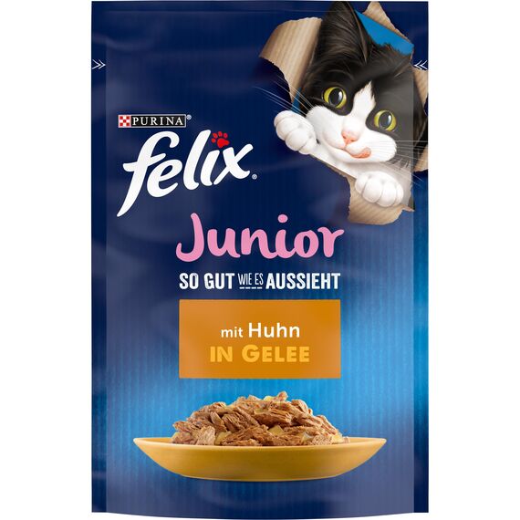 Felix So gut wie es aussieht Junior Kittenfutter nass in Gelee, mit Huhn, 26er Pack (26 x 85g)