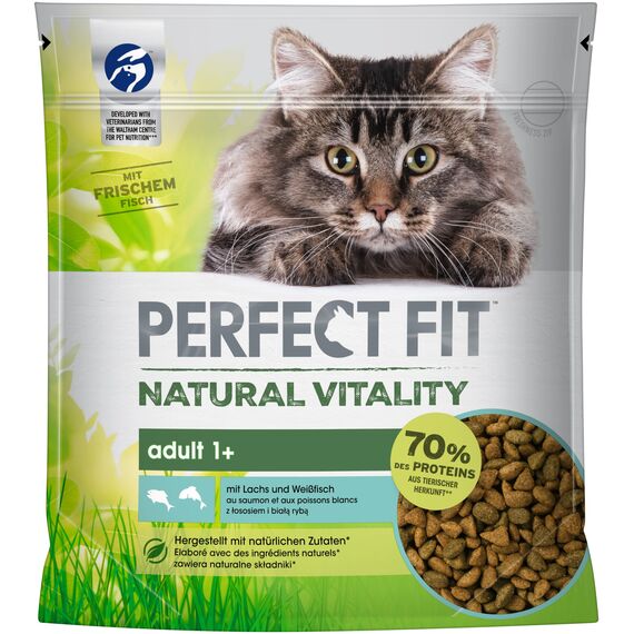 PERFECT FIT Natural Vitality - Katzenfutter Trockenfutter Adult 1+ - Lachs und Weißfisch, 6 x 650g