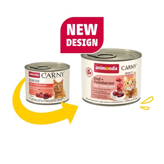 animonda Carny Katzen Nassfutter Senior Rind + Putenherzen (6 x 200g), Katzenfutter nass ohne Getreide ohne Zucker für Katzen ab 7 Jahren mit frischen und fleischigen Zutaten
