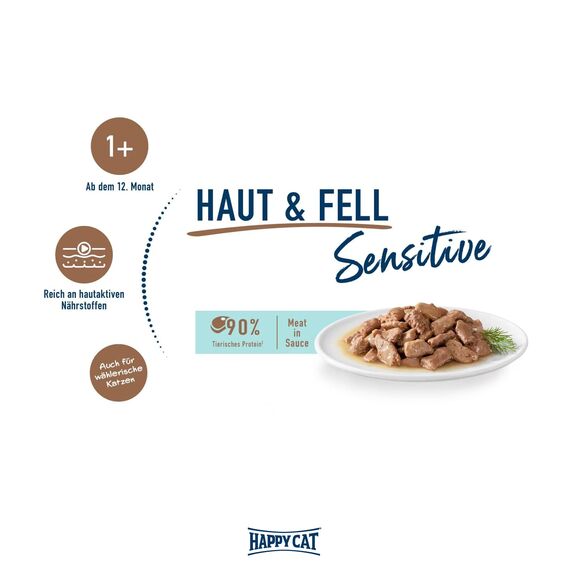Happy Cat 70624 - Sensitive Meat in Sauce Haut & Fell Pouch - Nassfutter für Sensible Katzen und Kater - 85g Inhalt