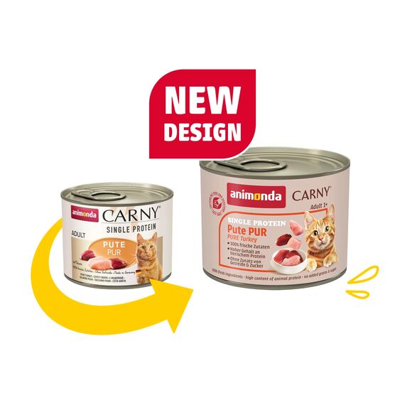 animonda Carny Katzen Nassfutter Single Protein Pute Pur (6 x 200g), Katzenfutter nass mit nur einer Proteinquelle, Futter für ausgewachsene Katzen mit Putenfleisch