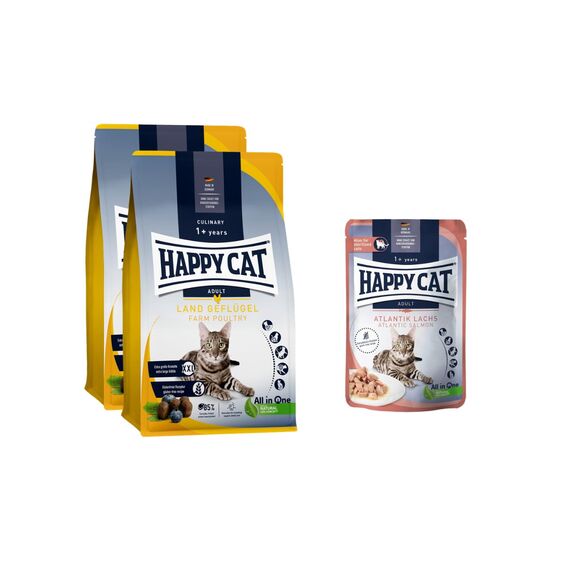 Happy Cat - Culinary Adult Land-Geflügel M - Trockenfutter für ausgewachsene Katzen & Kater 2x10 kg + Meat in Sauce Atlantik Lachs Pouch 85 g