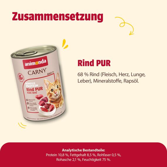 animonda Carny Katzen Nassfutter Single Protein Rind Pur (6 x 400g), Katzenfutter nass mit nur einer Proteinquelle, Futter für ausgewachsene Katzen mit Rindfleisch