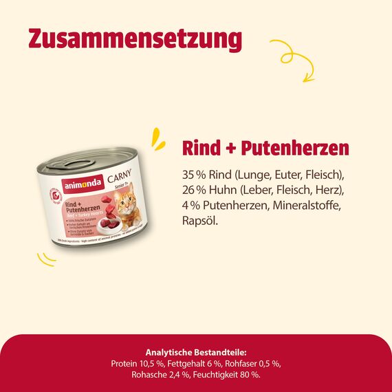 animonda Carny Katzen Nassfutter Senior Rind + Putenherzen (6 x 200g), Katzenfutter nass ohne Getreide ohne Zucker für Katzen ab 7 Jahren mit frischen und fleischigen Zutaten