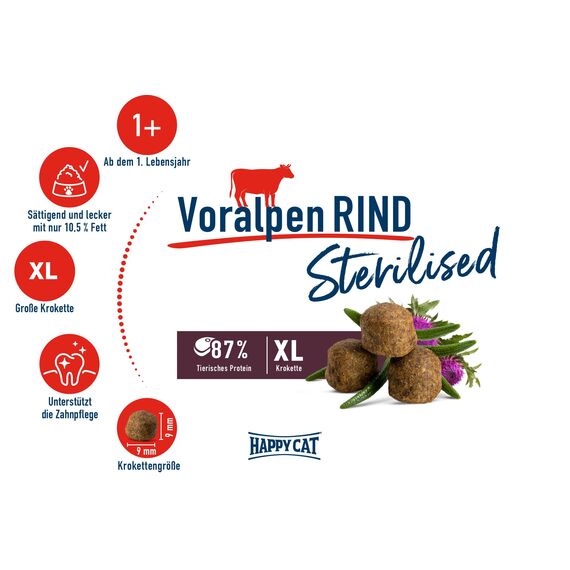 Happy Cat 70573 - Sterilised Adult Voralpen Rind - Trockenfutter für sterilisierte Katzen und Kater - 300 g Inhalt
