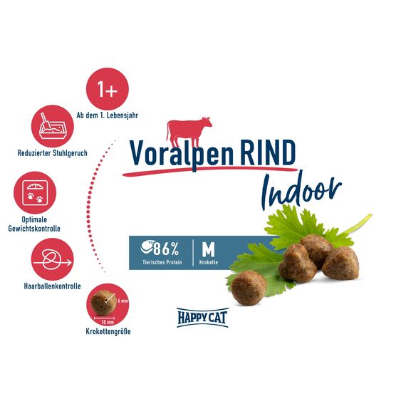 Happy Cat 70593 - Indoor Adult Voralpen Rind - Katzen-Trockenfutter für ausgewachsene Katzen und Kater - 4 kg Inhalt