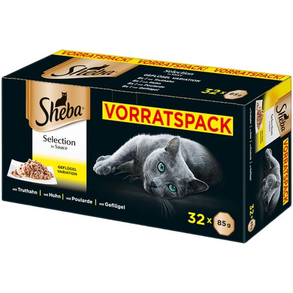 Sheba Katzennassfutter Selection in Sauce, 32 Schalen, 32x85g (1 Großpackung) – Katzenfutter nass, Geflügel Variation mit Truthahn, Huhn, Poularde und Geflügel