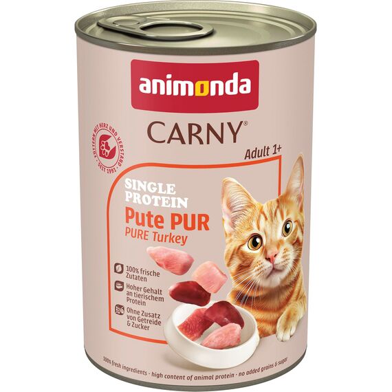 animonda Carny Katzen Nassfutter Single Protein Pute Pur (6 x 400g), Katzenfutter nass mit nur einer Proteinquelle, Futter für ausgewachsene Katzen mit Putenfleisch