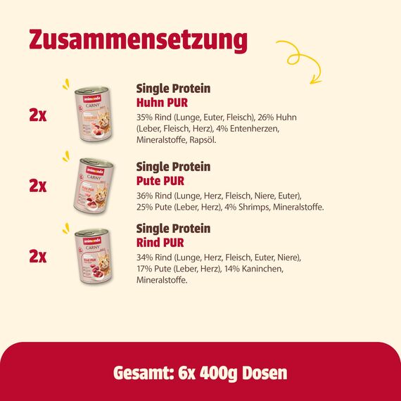 animonda Carny Katzen Nassfutter Single Protein Mix Pur (6 x 400g), Katzenfutter mit nur einer Proteinquelle, Futter für ausgewachsene Katzen