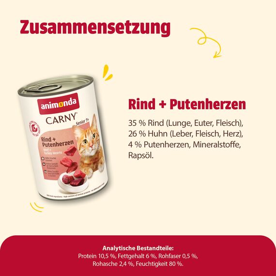 animonda Carny Katzen Nassfutter Senior Rind + Putenherzen (6 x 400g), Katzenfutter nass ohne Getreide ohne Zucker für Katzen ab 7 Jahren mit frischen und fleischigen Zutaten