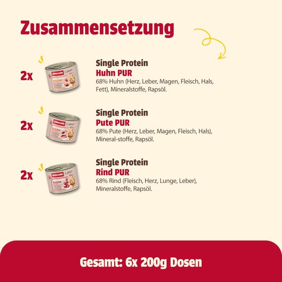 animonda Carny Katzen Nassfutter Single Protein Mix Pur (6 x 200g), Katzenfutter mit nur einer Proteinquelle, Futter für ausgewachsene Katzen