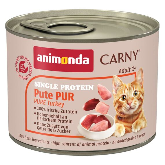animonda Carny Katzen Nassfutter Single Protein Pute Pur (6 x 200g), Katzenfutter nass mit nur einer Proteinquelle, Futter für ausgewachsene Katzen mit Putenfleisch