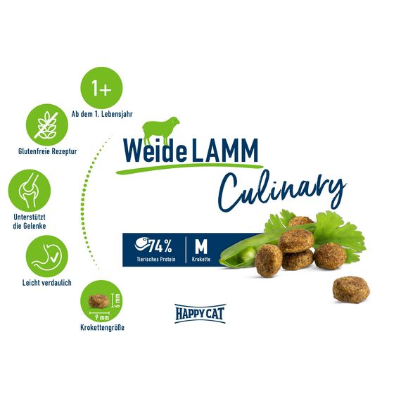 Happy Cat - Culinary Adult Weide-Lamm M - Trockenfutter für ausgewachsene Katzen & Kater 2x4 kg