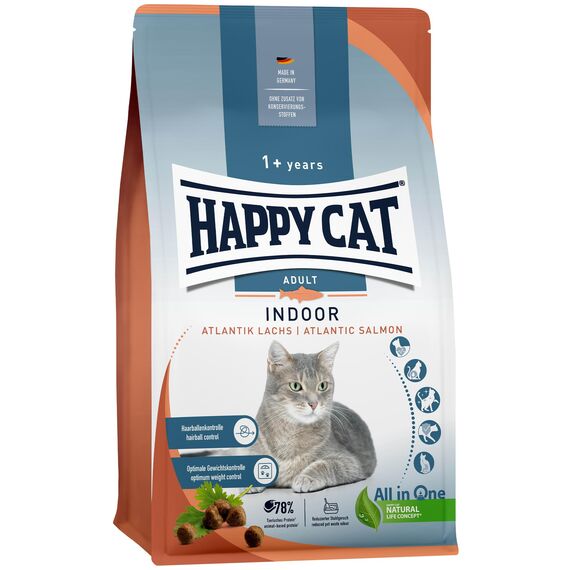 Happy Cat 70589 - Indoor Adult Atlantik Lachs - Katzen-Trockenfutter für ausgewachsene Katzen und Kater - 4 kg Inhalt