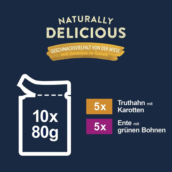 Felix Naturally Delicious Katzenfutter nass in Gelee, Geschmacksvielfalt von der Wiese mit Gemüse, 6er Pack (10 x 80g)