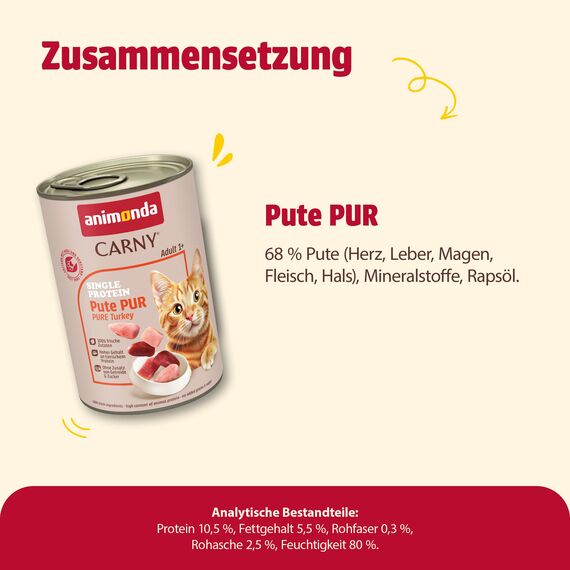 animonda Carny Katzen Nassfutter Single Protein Pute Pur (6 x 400g), Katzenfutter nass mit nur einer Proteinquelle, Futter für ausgewachsene Katzen mit Putenfleisch