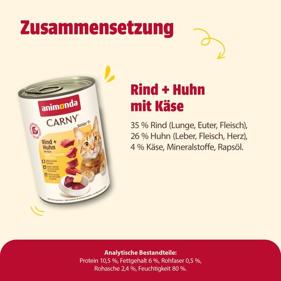 animonda Carny Senior Rind + Huhn mit Käse (6 x 400 g), Katzennassfutter für ältere Katzen ab 7 Jahren, Senior Nassfutter mit 100 % frischen Zutaten, Katzenfutter ohne Getreide und Zucker