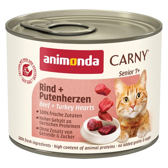 animonda Carny Katzen Nassfutter Senior Rind + Putenherzen (6 x 200g), Katzenfutter nass ohne Getreide ohne Zucker für Katzen ab 7 Jahren mit frischen und fleischigen Zutaten