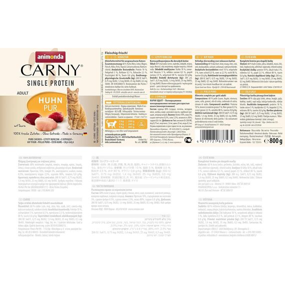 animonda Carny Adult Single Protein Huhn pur (6 x 800 g), Katzennassfutter mit nur einer Proteinquelle, Nassfutter für ausgewachsene Katzen, Katzenfutter ohne Getreide und Zucker