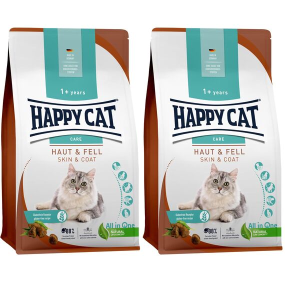 Happy Cat 70599 - Sensitive Haut & Fell - Katzen-Trockenfutter mit Huhn für hautsensible Katzen und Kater - 300 g Inhalt (Packung mit 2)