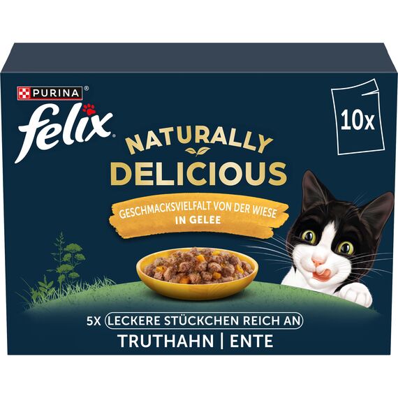 Felix Naturally Delicious Katzenfutter nass in Gelee, Geschmacksvielfalt von der Wiese mit Gemüse, 6er Pack (10 x 80g)