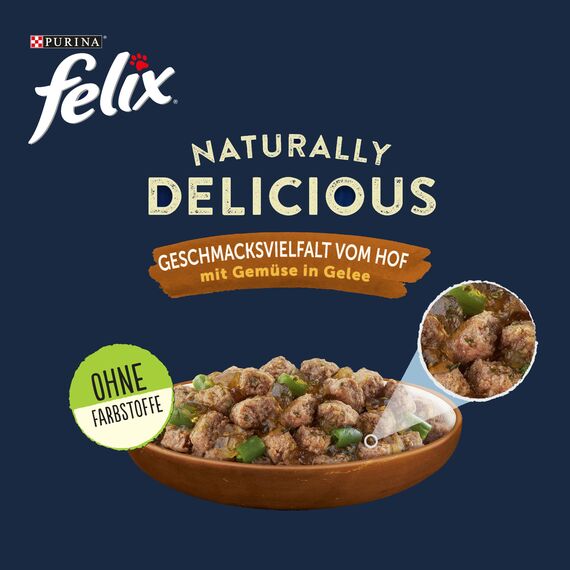Felix Naturally Delicious Katzenfutter nass Geschmacksvielfalt vom Hof mit Gemüse in Gelee 6er Pack (10 x 80g)