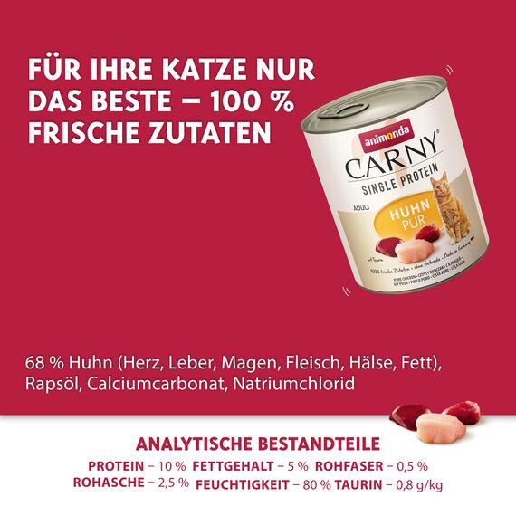 animonda Carny Adult Single Protein Huhn pur (6 x 800 g), Katzennassfutter mit nur einer Proteinquelle, Nassfutter für ausgewachsene Katzen, Katzenfutter ohne Getreide und Zucker