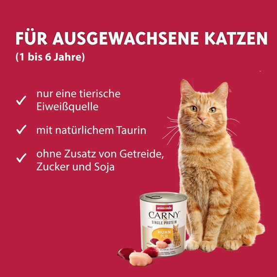 animonda Carny Adult Single Protein Huhn pur (6 x 800 g), Katzennassfutter mit nur einer Proteinquelle, Nassfutter für ausgewachsene Katzen, Katzenfutter ohne Getreide und Zucker