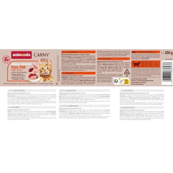 animonda Carny Katzen Nassfutter Single Protein Pute Pur (6 x 200g), Katzenfutter nass mit nur einer Proteinquelle, Futter für ausgewachsene Katzen mit Putenfleisch