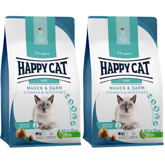 Happy Cat 70595 - Care Magen & Darm - Katzen-Trockenfutter mit Ente für Sensible Katzen und Kater - 300 g Inhalt (Packung mit 2)