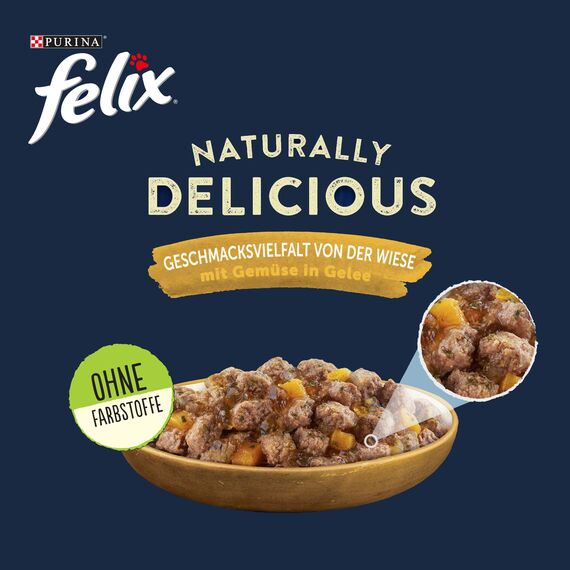 Felix Naturally Delicious Katzenfutter nass in Gelee, Geschmacksvielfalt von der Wiese mit Gemüse, 6er Pack (10 x 80g)