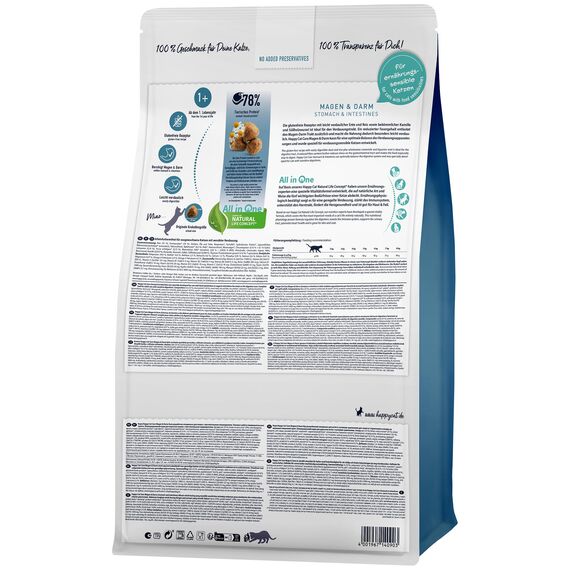 Happy Cat 70596- Care Magen & Darm - Katzen-Trockenfutter mit Ente für Sensible Katzen und Kater - 1,3 kg Inhalt (Packung mit 2)