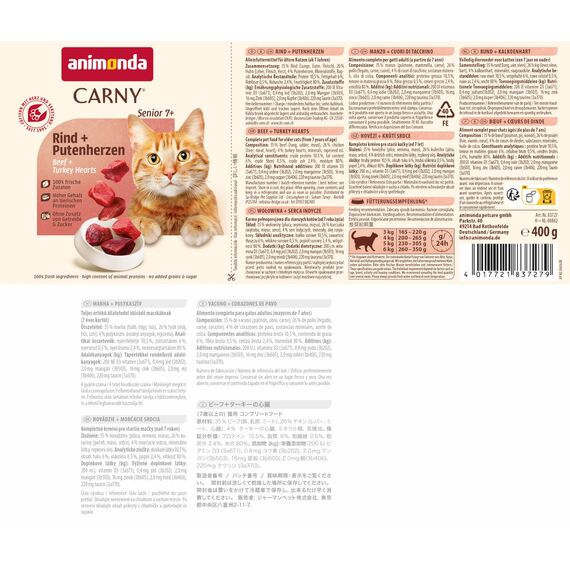 animonda Carny Katzen Nassfutter Senior Rind + Putenherzen (6 x 400g), Katzenfutter nass ohne Getreide ohne Zucker für Katzen ab 7 Jahren mit frischen und fleischigen Zutaten